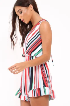 Rebellious Fashion Multi Striped Frill Hem Plunge Playsuit - Keanna