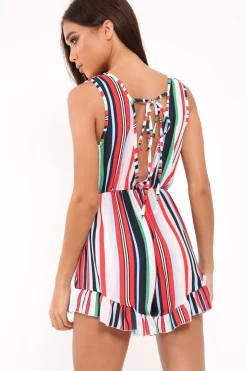 Rebellious Fashion Multi Striped Frill Hem Plunge Playsuit - Keanna