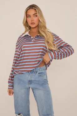 Rebellious Fashion Multi Striped Oversized Long Sleeves Rugby T-shirt - Citra