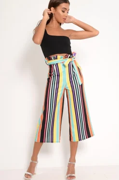 Rebellious Fashion Multi Stripe Paper Bag Tie Waist Culottes - Sada