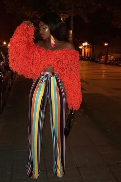 Rebellious Fashion Multi Stripe Paper Bag Tie Waist Wide Leg Trousers - Kennedy