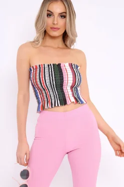 Rebellious Fashion Multi Stripe Shirred Frill Bandeau Crop Top - Camren