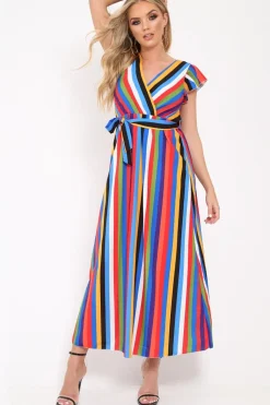 Rebellious Fashion Multi Stripe Tie Waist Maxi Dress -Daveah