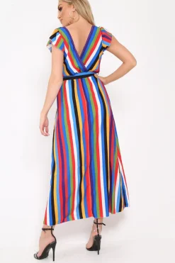 Rebellious Fashion Multi Stripe Tie Waist Maxi Dress -Daveah