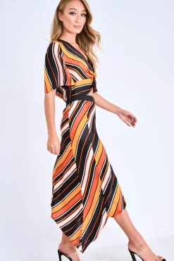 Rebellious Fashion Multi Stripe Wrap Front Crop Top And Belted Midi Skirt Co-ord - Cayli