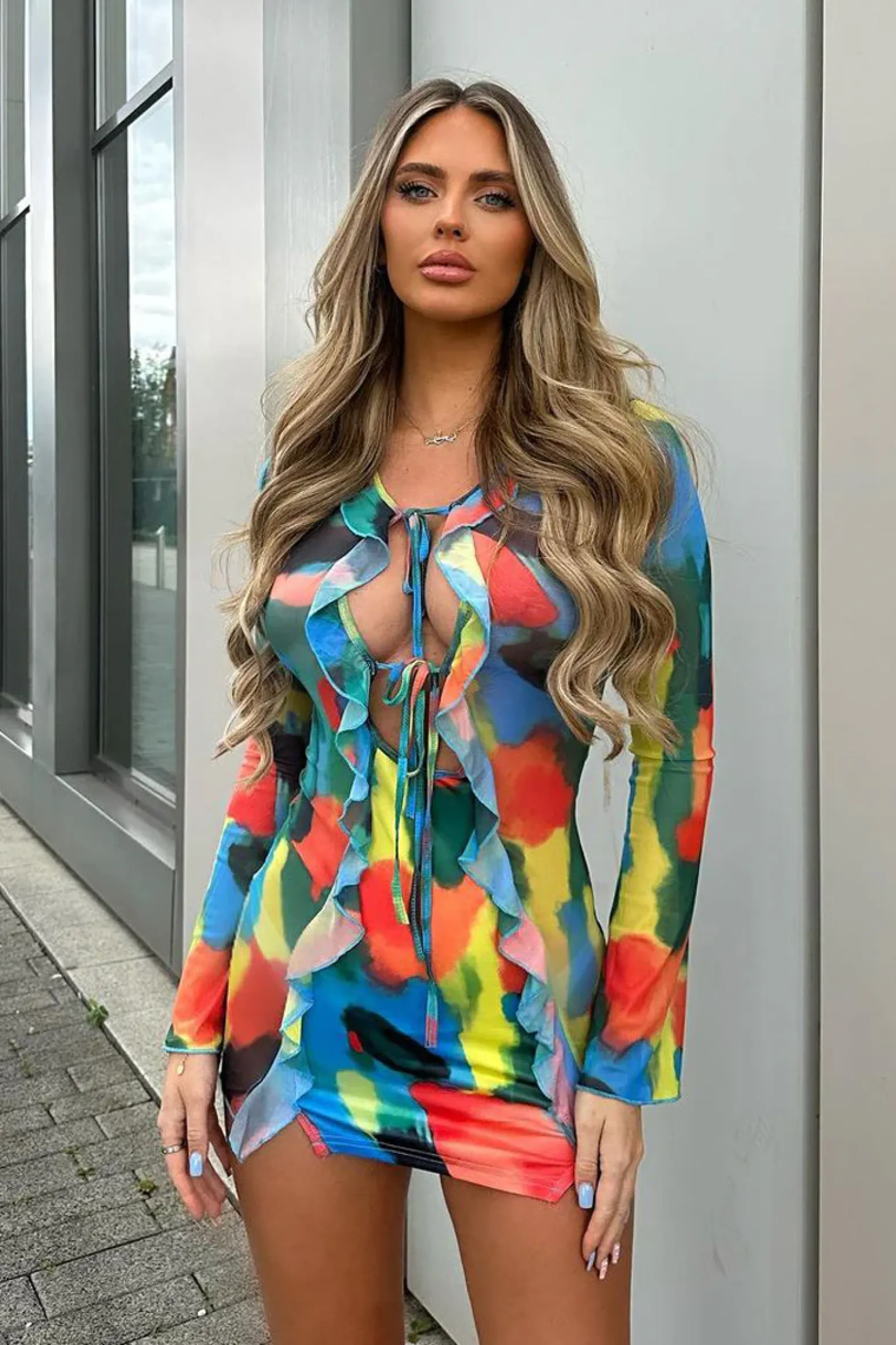 Rebellious Fashion Multi Watercolour Frill Detail Tie Front Mini Dress - Itzel