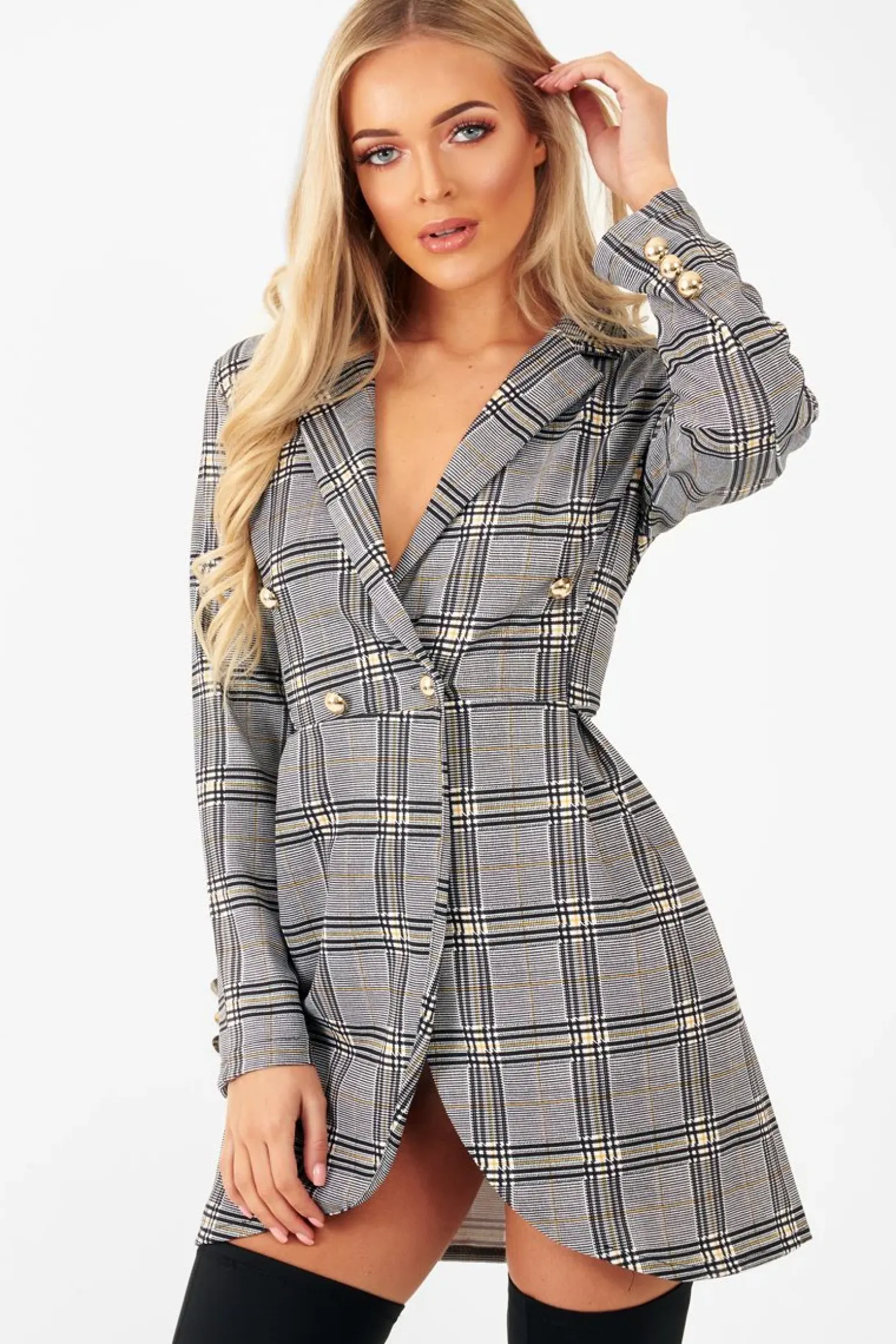 Rebellious Fashion Mustard Black Check Wrap Blazer Dress - Emry