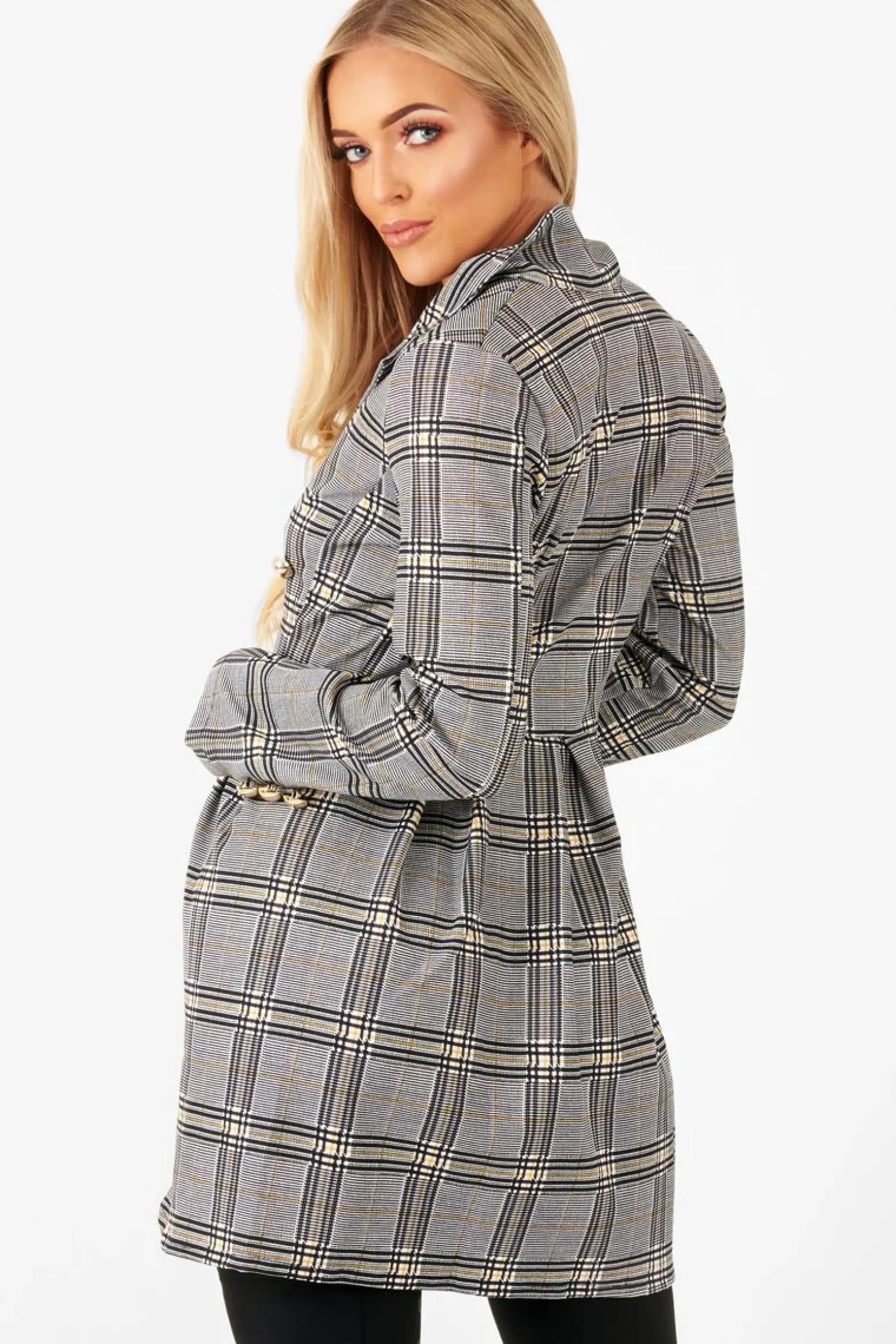 Rebellious Fashion Mustard Black Check Wrap Blazer Dress - Emry