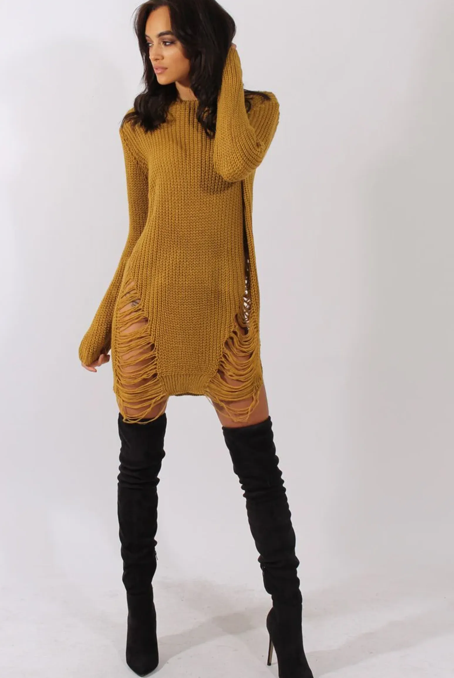 Rebellious Fashion Mustard Distressed Jumper Dress - Kim