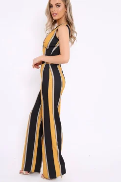 Rebellious Fashion Mustard And Black Stripe Crop Top And Wide Leg Trousers Co-Ord - Jenet