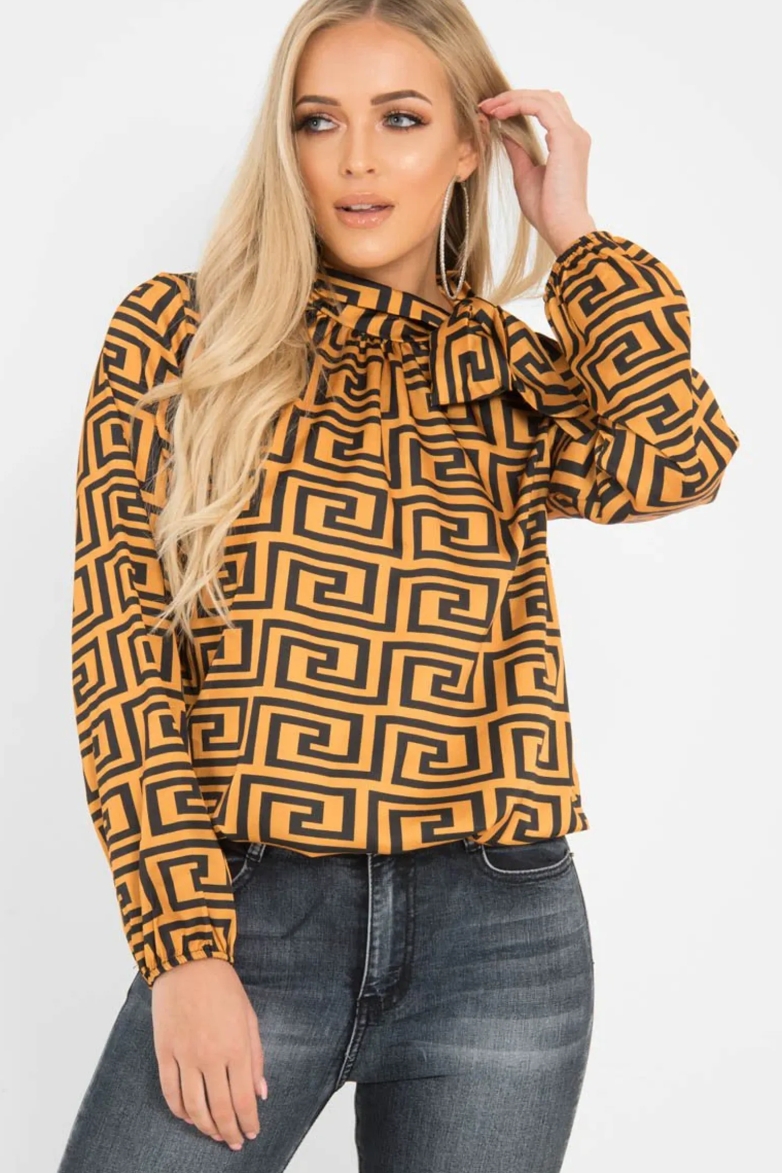 Rebellious Fashion Mustard Aztec Print Satin Long Sleeve Bow Shirt - Abrah