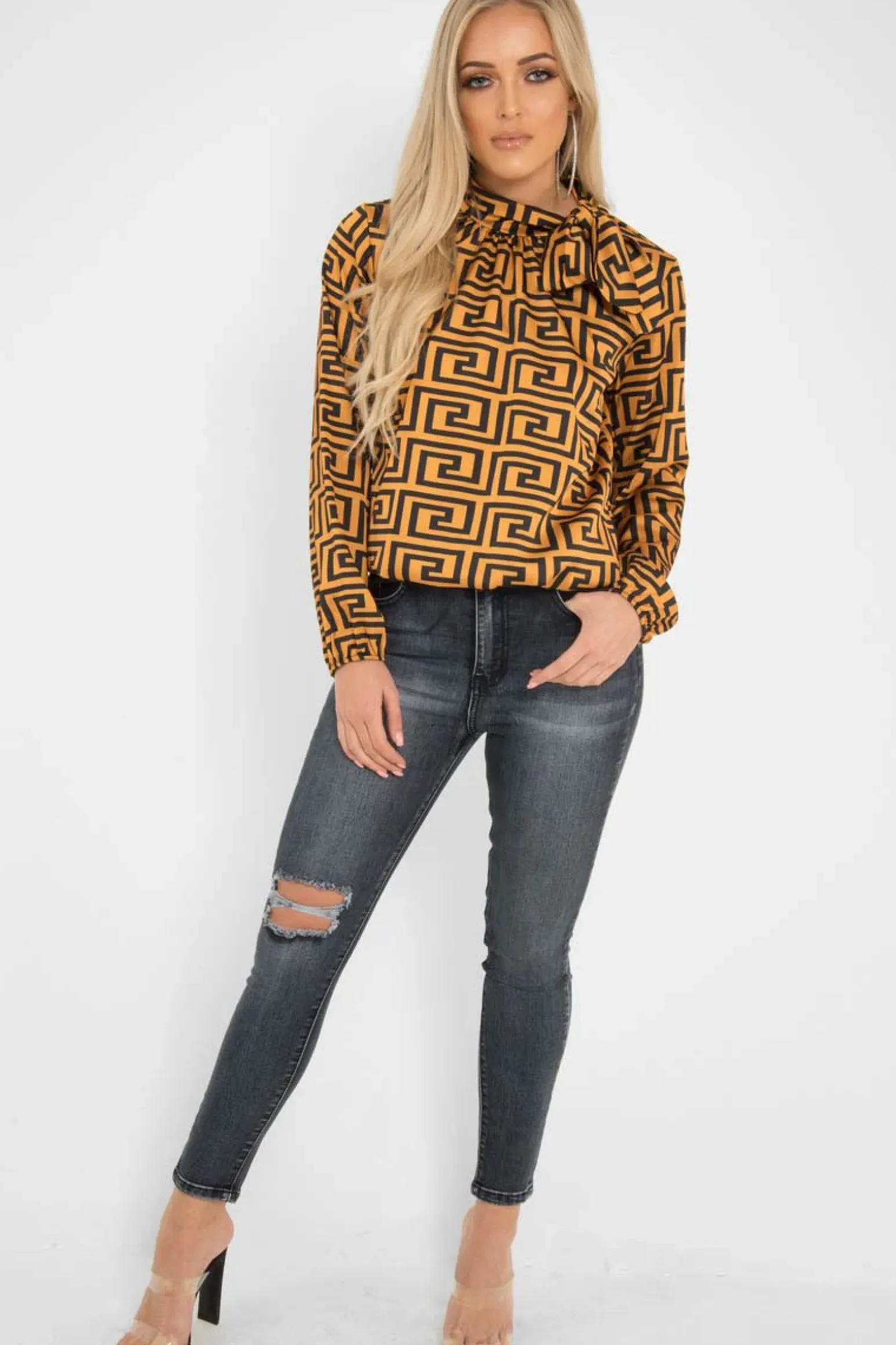 Rebellious Fashion Mustard Aztec Print Satin Long Sleeve Bow Shirt - Abrah