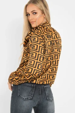 Rebellious Fashion Mustard Aztec Print Satin Long Sleeve Bow Shirt - Abrah