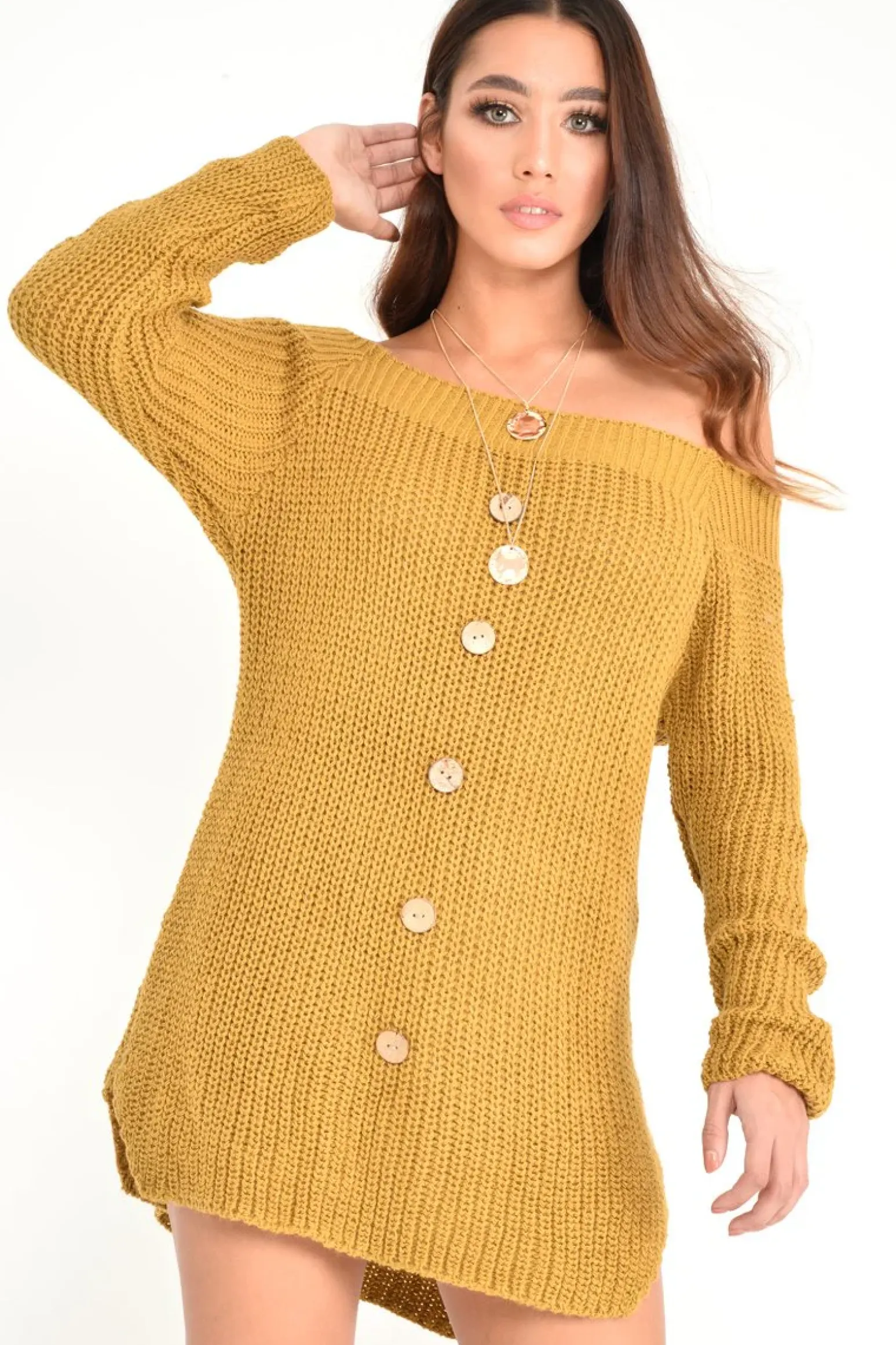 Rebellious Fashion Mustard Bardot Button Front Chunky Knit Jumper Dress - Syanna
