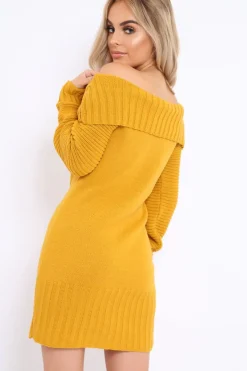 Rebellious Fashion Mustard Bardot Chunky Knit Jumper Dress - Kaidyn