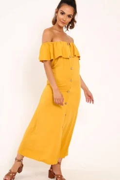 Rebellious Fashion Mustard Bardot Frill Button Front Midi Dress - Clancy
