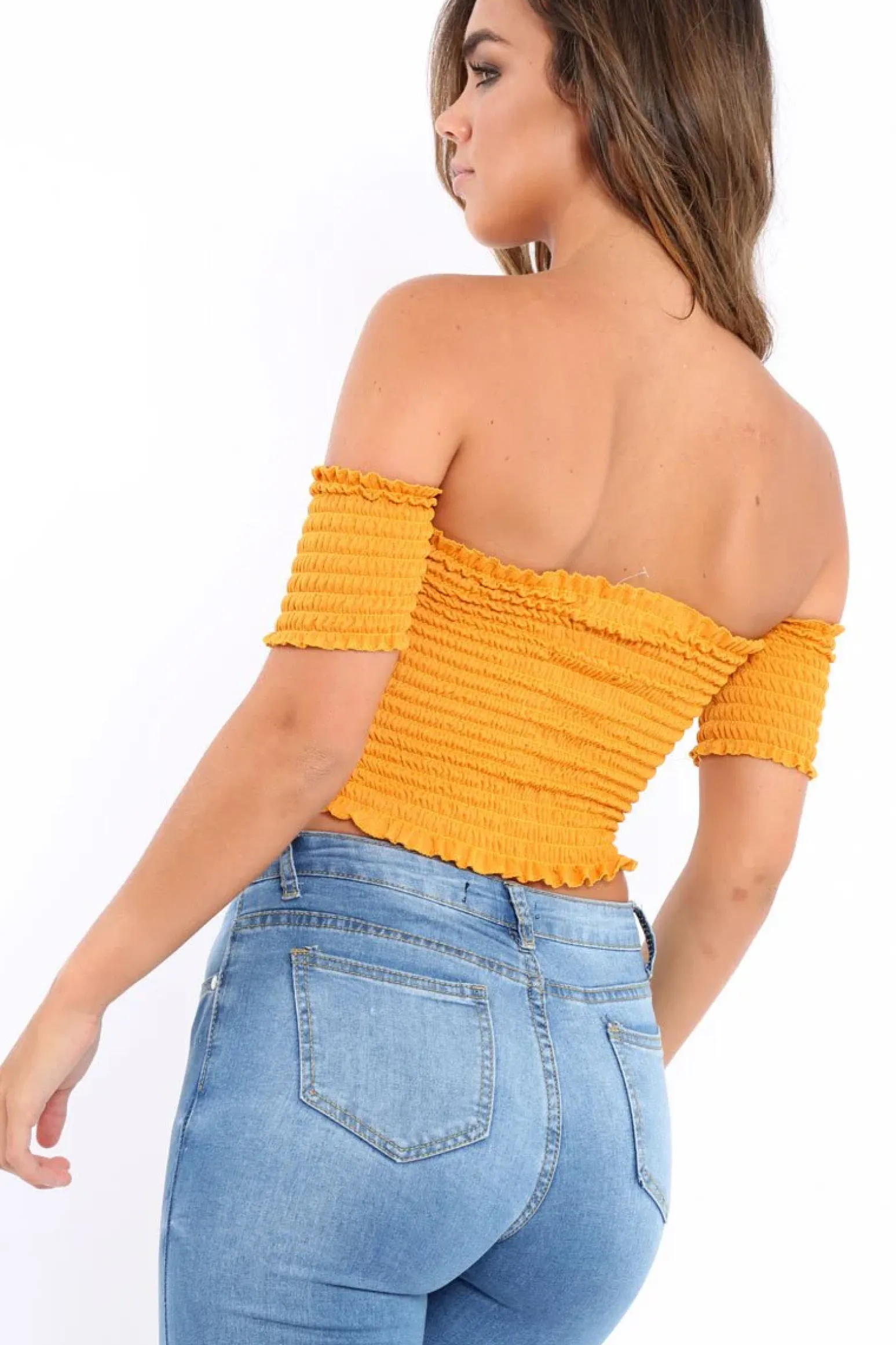 Rebellious Fashion Mustard Bardot Frill Shirred Crop Top - Kailah