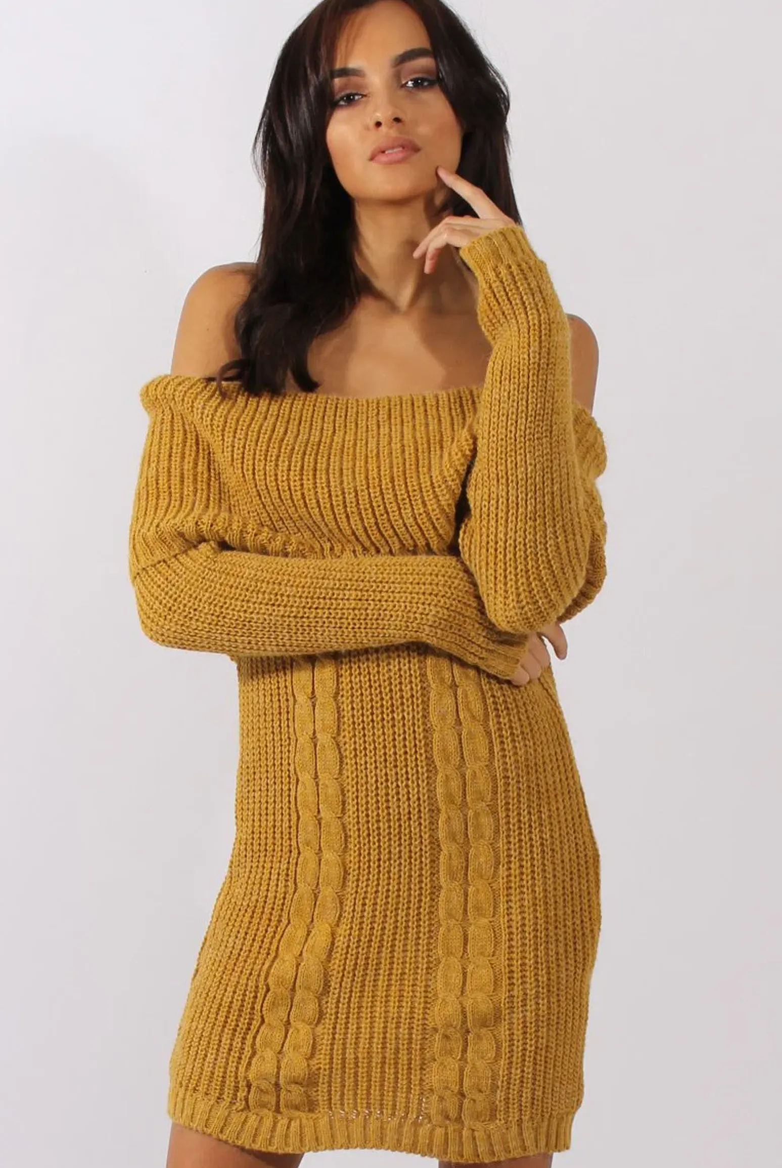 Rebellious Fashion Mustard Bardot Heavy Knit Jumper Dress - Suzy