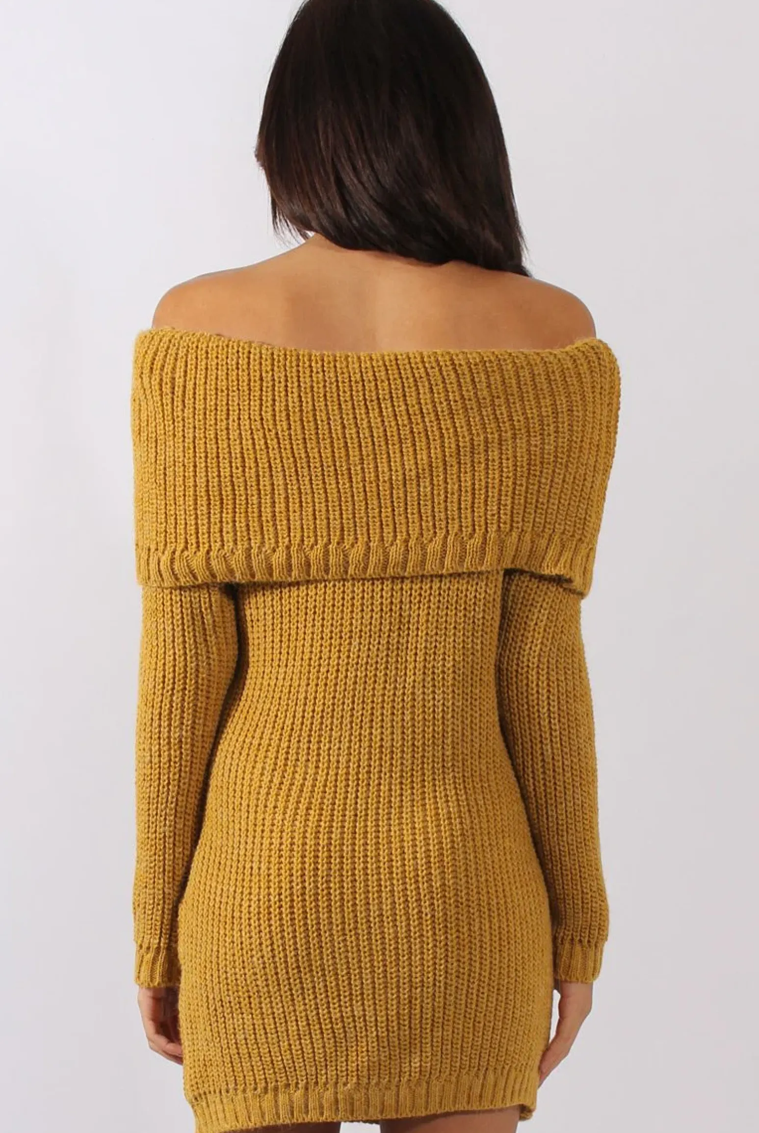 Rebellious Fashion Mustard Bardot Heavy Knit Jumper Dress - Suzy