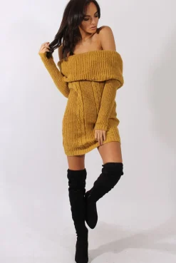 Rebellious Fashion Mustard Bardot Heavy Knit Jumper Dress - Suzy
