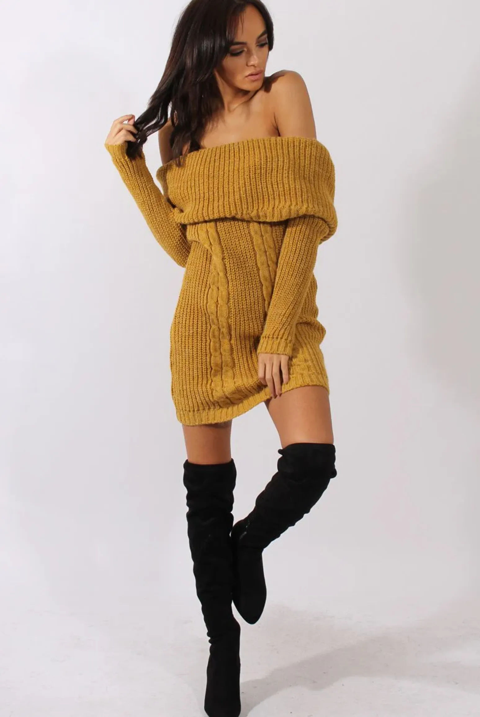 Rebellious Fashion Mustard Bardot Heavy Knit Jumper Dress - Suzy