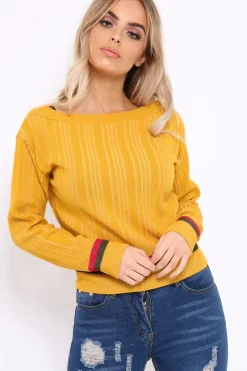 Rebellious Fashion Mustard Bardot Jumper with Stripe Detail - Falon