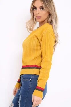 Rebellious Fashion Mustard Bardot Jumper with Stripe Detail - Falon
