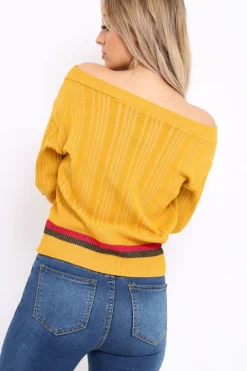 Rebellious Fashion Mustard Bardot Jumper with Stripe Detail - Falon