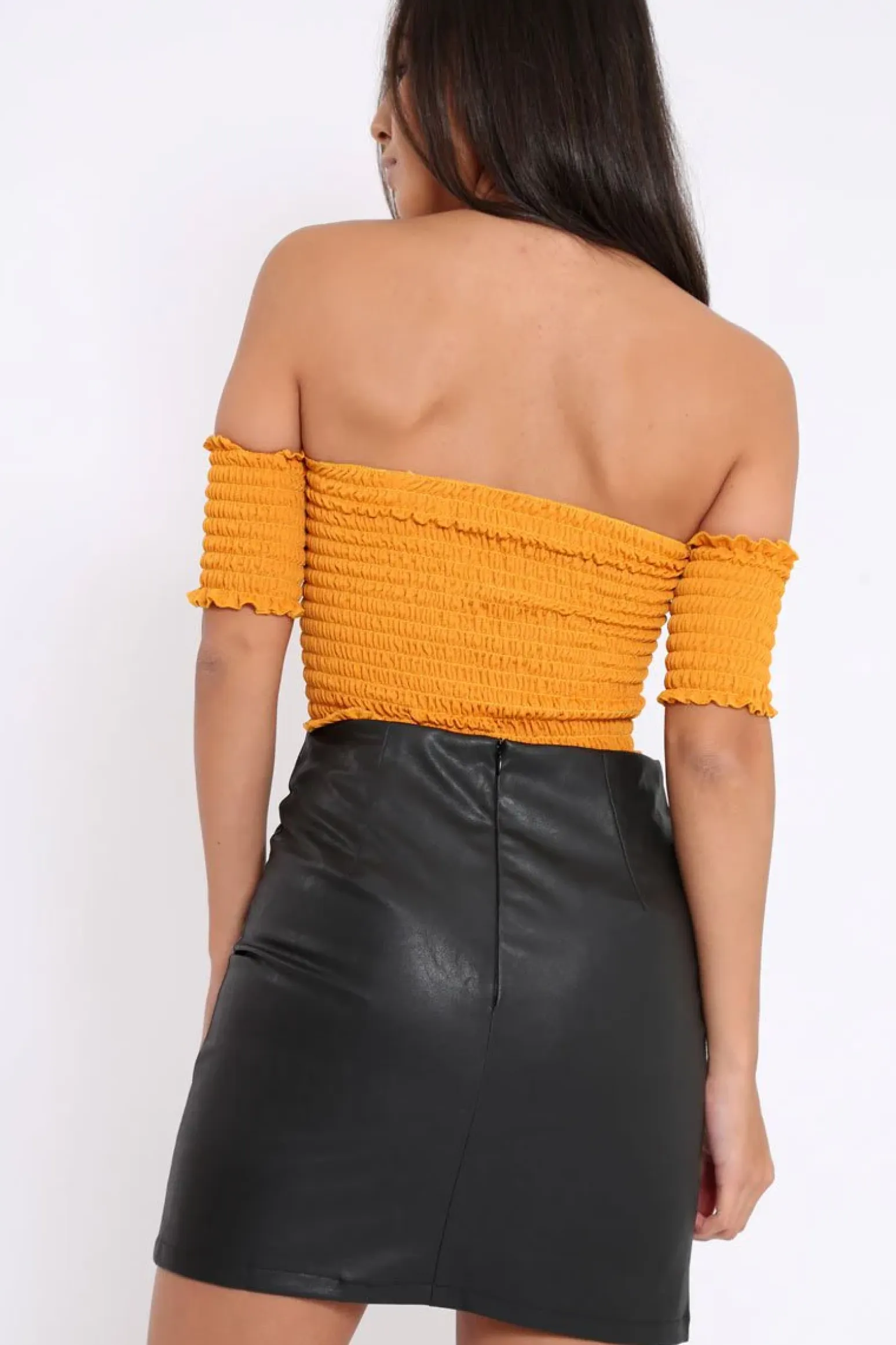 Rebellious Fashion Mustard Bardot Lace Up Frill Shirred Crop Top - Linsa