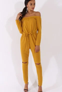 Rebellious Fashion Mustard Bardot Split Knee Jumpsuit - Coran