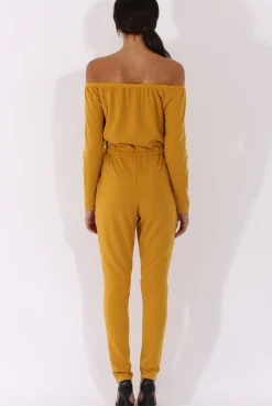 Rebellious Fashion Mustard Bardot Split Knee Jumpsuit - Coran
