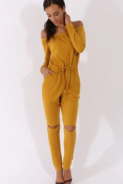 Rebellious Fashion Mustard Bardot Split Knee Jumpsuit - Coran