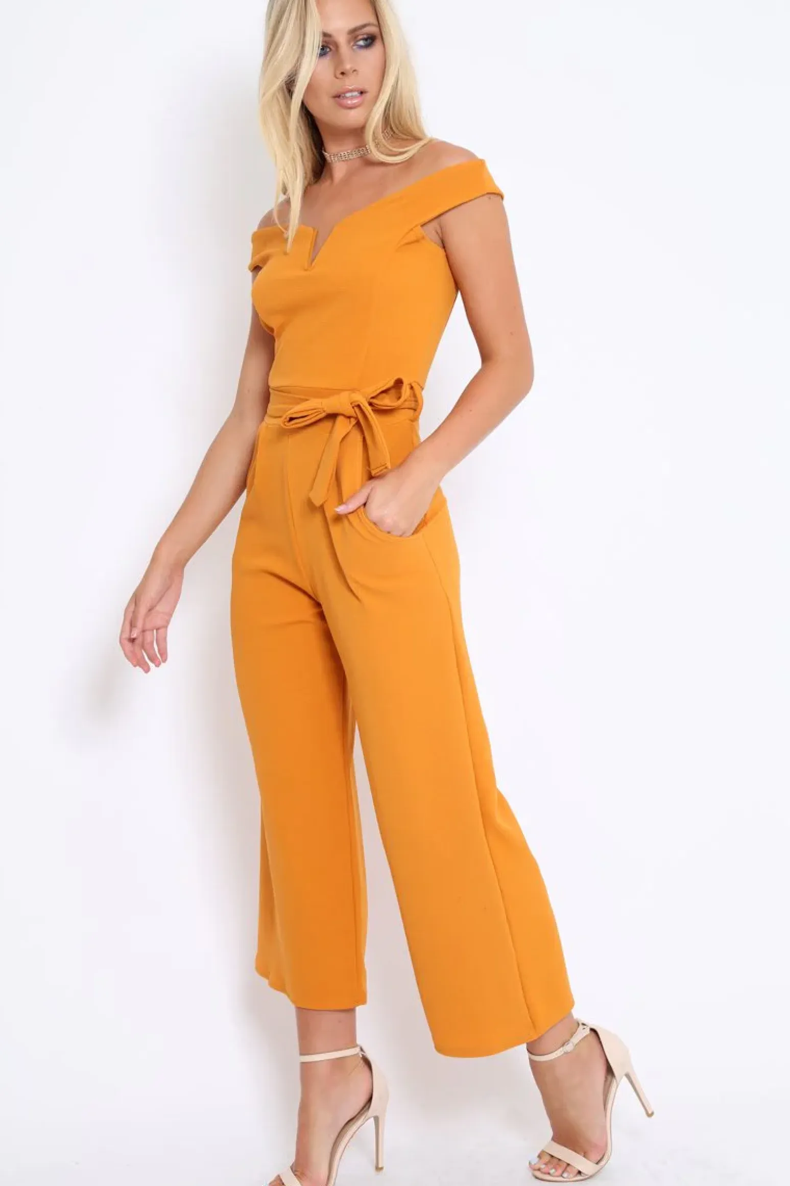 Rebellious Fashion Mustard Bardot V Dip Jumpsuit - Lisah