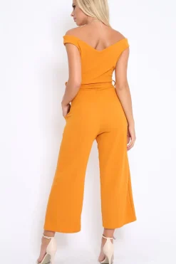 Rebellious Fashion Mustard Bardot V Dip Jumpsuit - Lisah