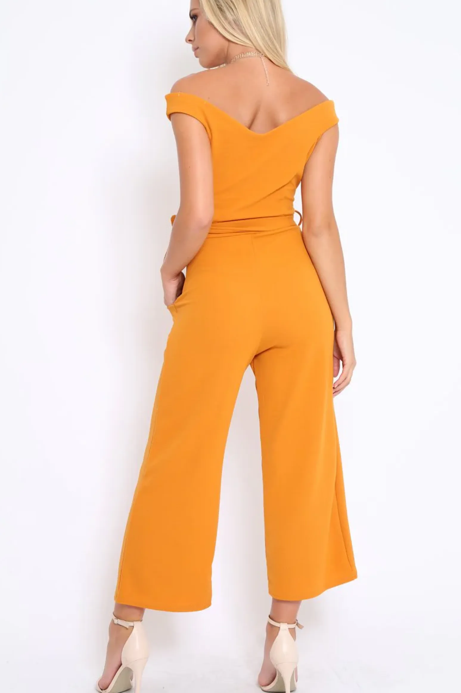 Rebellious Fashion Mustard Bardot V Dip Jumpsuit - Lisah