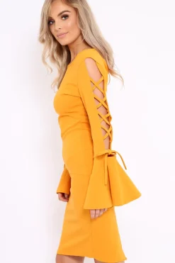 Rebellious Fashion Mustard Bell Sleeved Dress with Lace up Detail - Faith