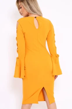 Rebellious Fashion Mustard Bell Sleeved Dress with Lace up Detail - Faith
