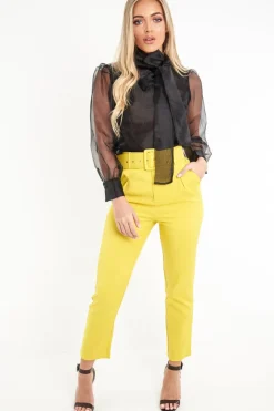Rebellious Fashion Mustard Belted Straight Leg Tailored Trousers - Krystelle