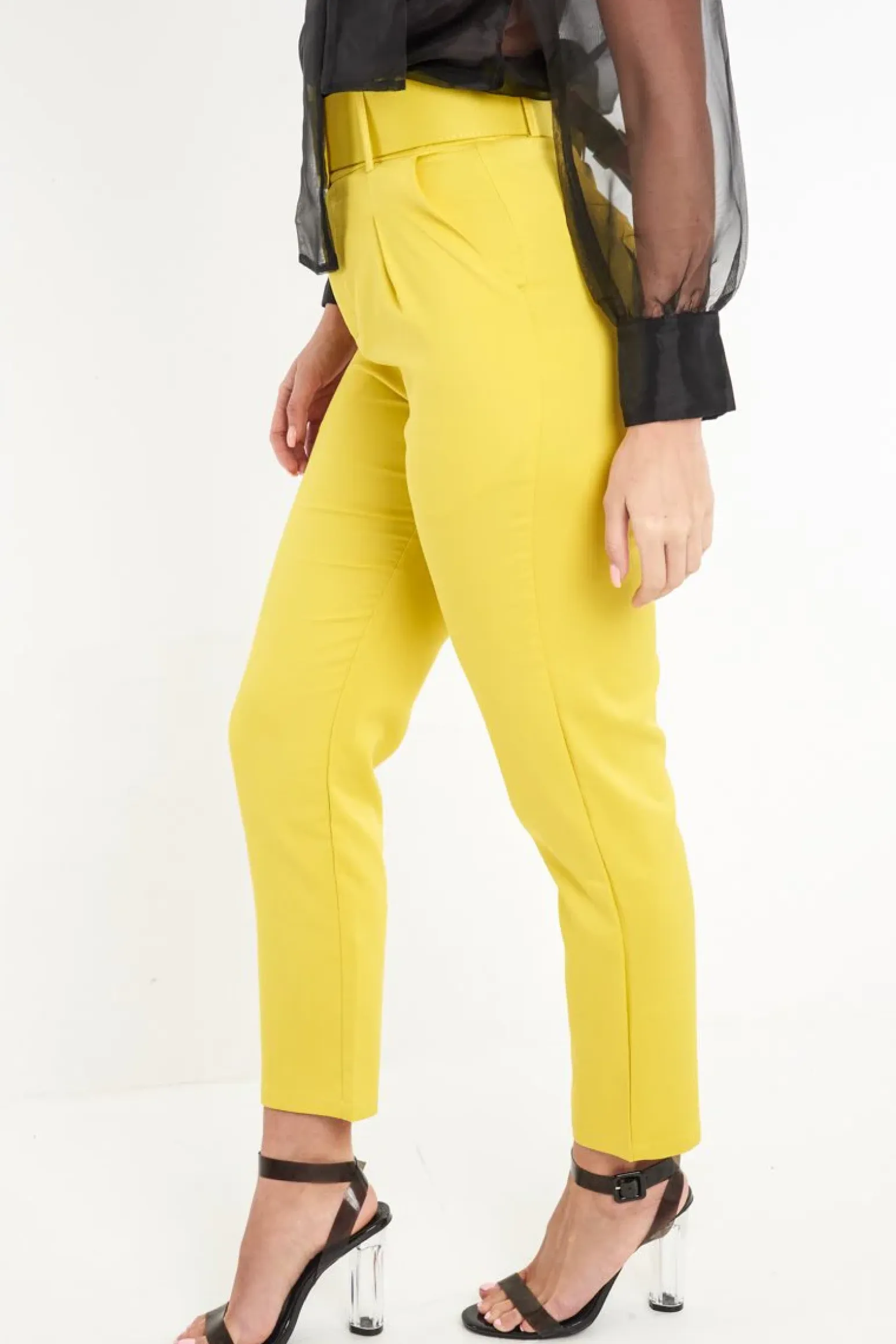 Rebellious Fashion Mustard Belted Straight Leg Tailored Trousers - Krystelle
