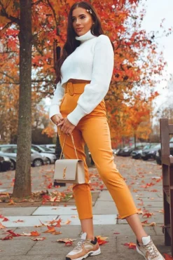 Rebellious Fashion Mustard Belted Tapered Peg Trousers - Jessika