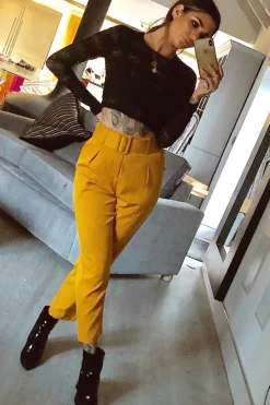 Rebellious Fashion Mustard Belted Tapered Peg Trousers - Jessika