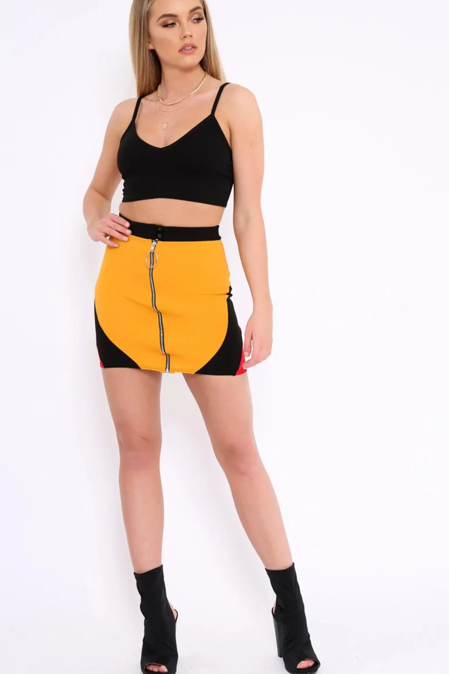 Rebellious Fashion Mustard Black And Red Colour Block Zip Front Mini Skirt and Bralet Co-ord - Kacey
