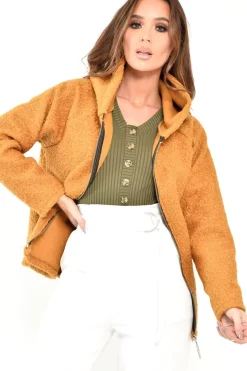 Rebellious Fashion Mustard Borg Hooded Zipper Front Coat - Bryley