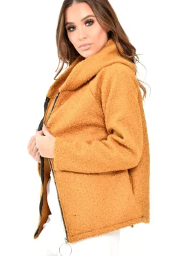 Rebellious Fashion Mustard Borg Hooded Zipper Front Coat - Bryley