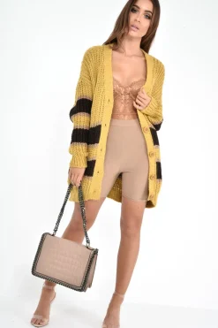 Rebellious Fashion Mustard Brown Colour Block Chunky Knit Cardigan - Brionna