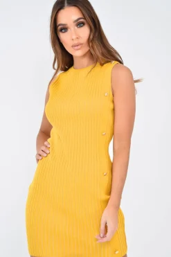 Rebellious Fashion Mustard Button Front Knitted Jumper Dress - Adalei