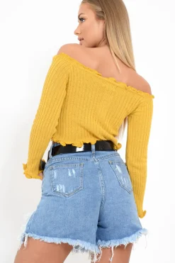 Rebellious Fashion Mustard Button Up Cropped Bardot Jumper - Cielo