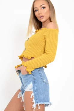 Rebellious Fashion Mustard Button Up Cropped Bardot Jumper - Cielo