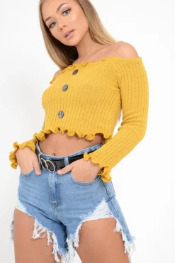 Rebellious Fashion Mustard Button Up Cropped Bardot Jumper - Cielo