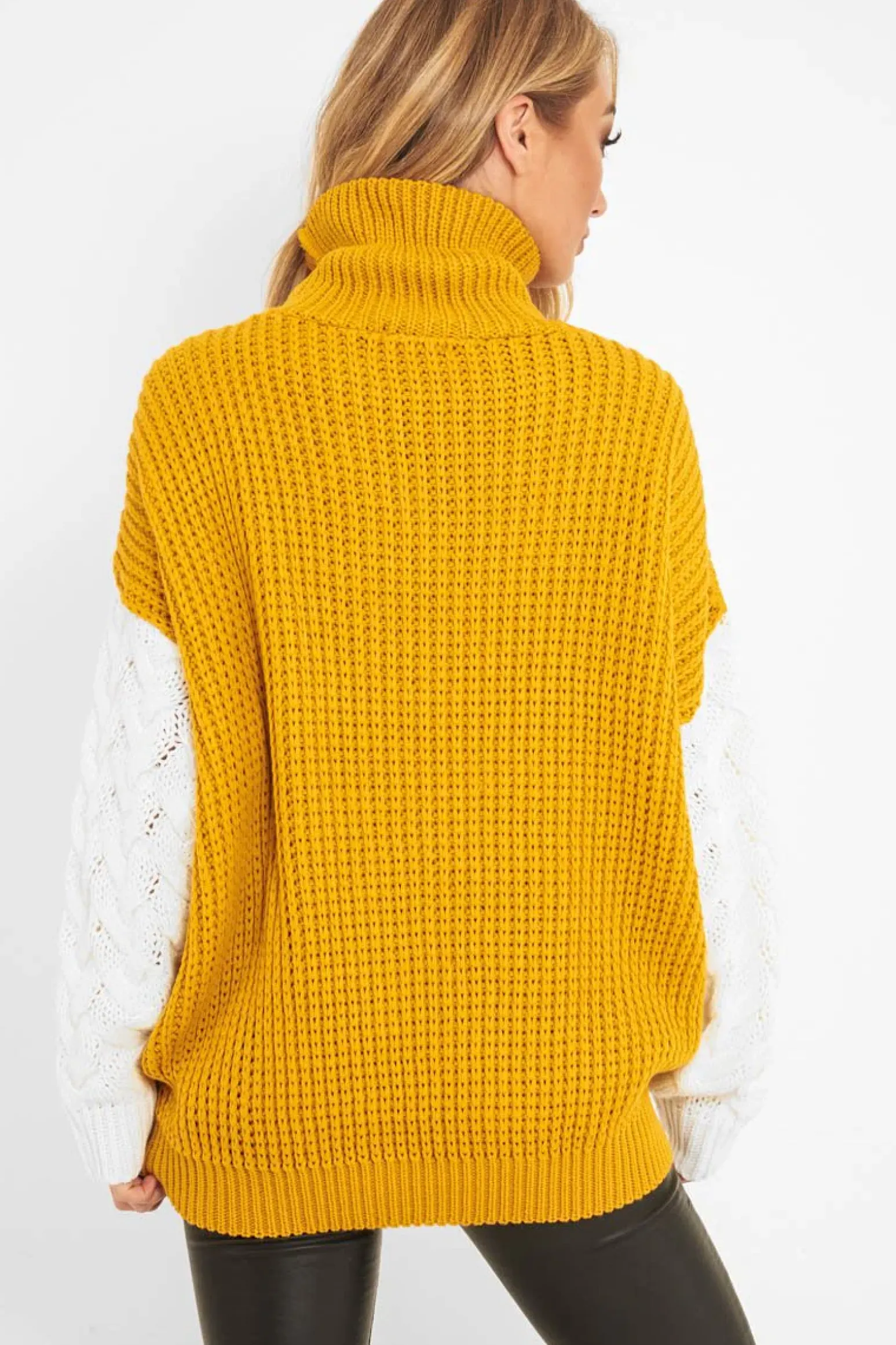 Rebellious Fashion Mustard Cable Knit Colour Block Jumper - Evren